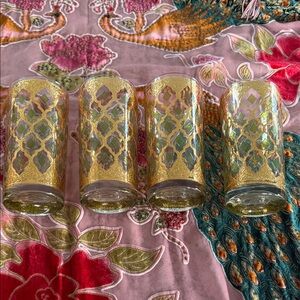 Set of 4 Culver 22 karat Gold Green Diamond hand blown “Tumblers”Signed MCM 1963